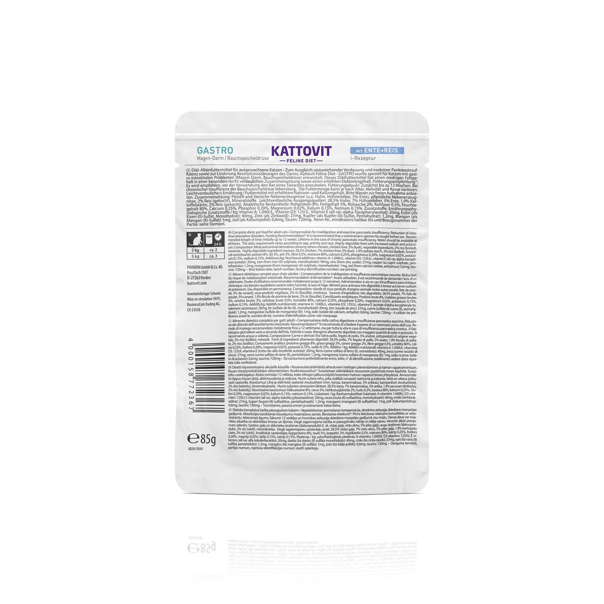 Kattovit Feline Diet Pouchbeutel Gastro Ente + Reis 85g