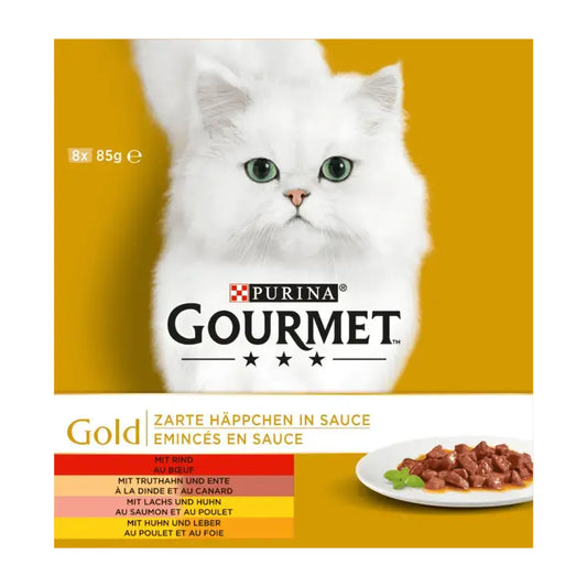 GOURMET Gold Zarte Häppchen (Rind, Huhn & Leber, Lachs & Huhn, Truthahn & Ente) 8x85g