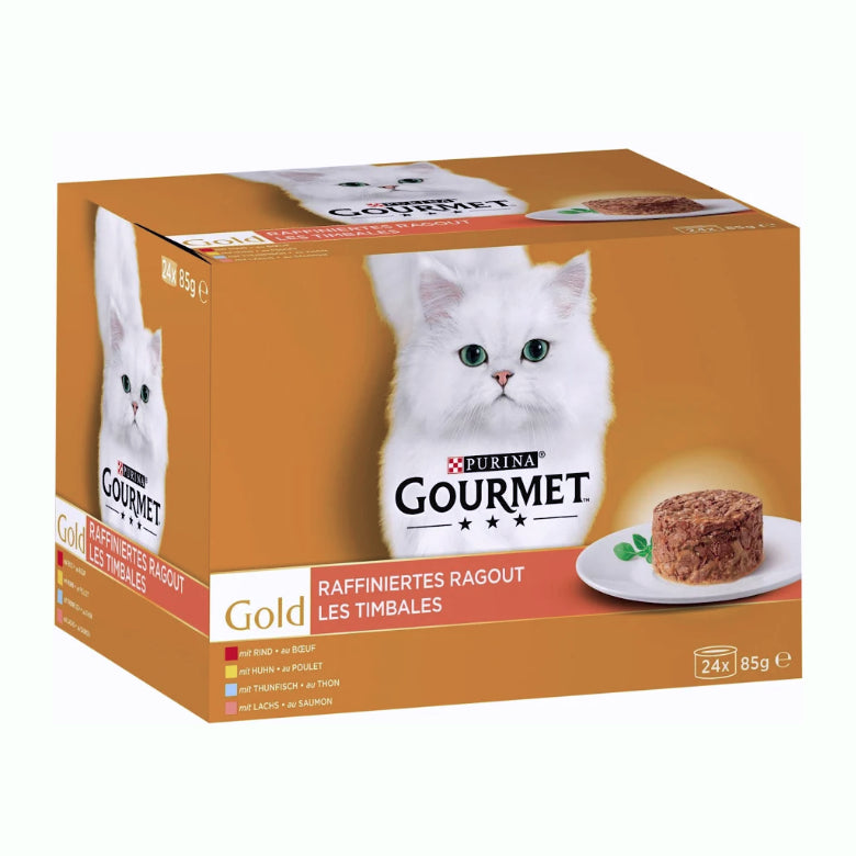GOURMET GOLD Raffiniertes Ragout (Huhn, Rind, Thunfisch, Lachs) 24x85g