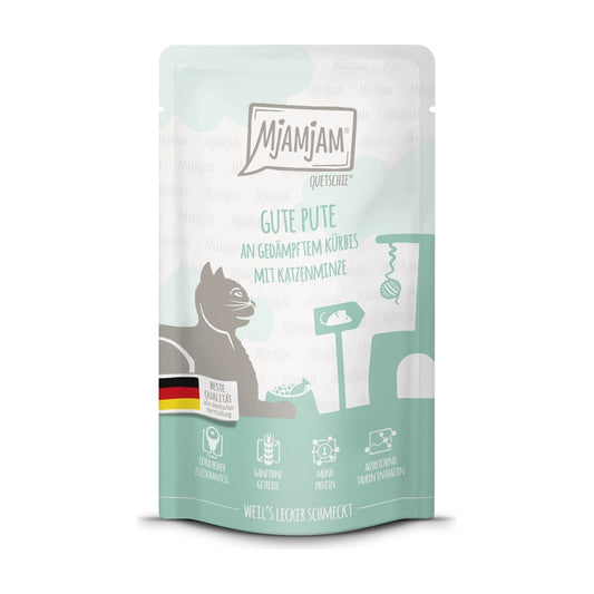 MjAMjAM Quetschie - gute Pute an gedämpftem Kürbis mit Katzenminze