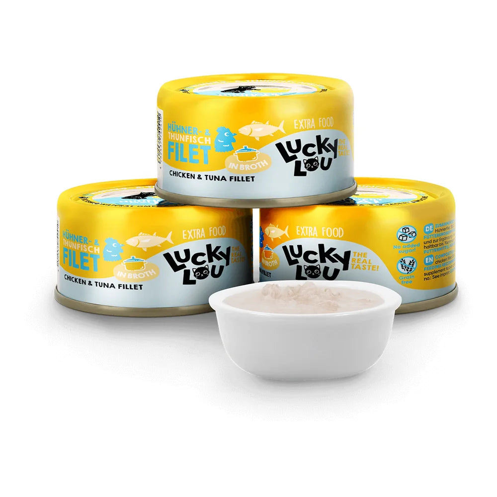 Lucky Lou EXTRA FOOD Hühner & Thunfischfilet in Broth 70g Dose