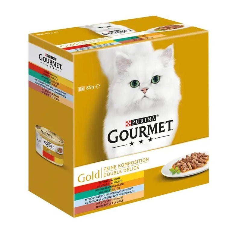 GOURMET Gold Feine Komposition (Rind & Huhn, Ente & Truthahn, Hochseefisch & Spinat, Kaninchen & Leber) 8x85g