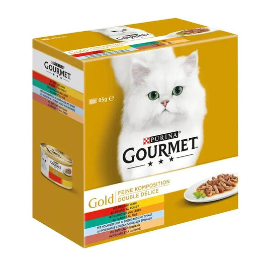GOURMET Gold Feine Komposition (Rind & Huhn, Ente & Truthahn, Hochseefisch & Spinat, Kaninchen & Leber) 8x85g