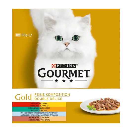 GOURMET Gold Feine Komposition (Rind & Huhn, Ente & Truthahn, Hochseefisch & Spinat, Kaninchen & Leber) 8x85g