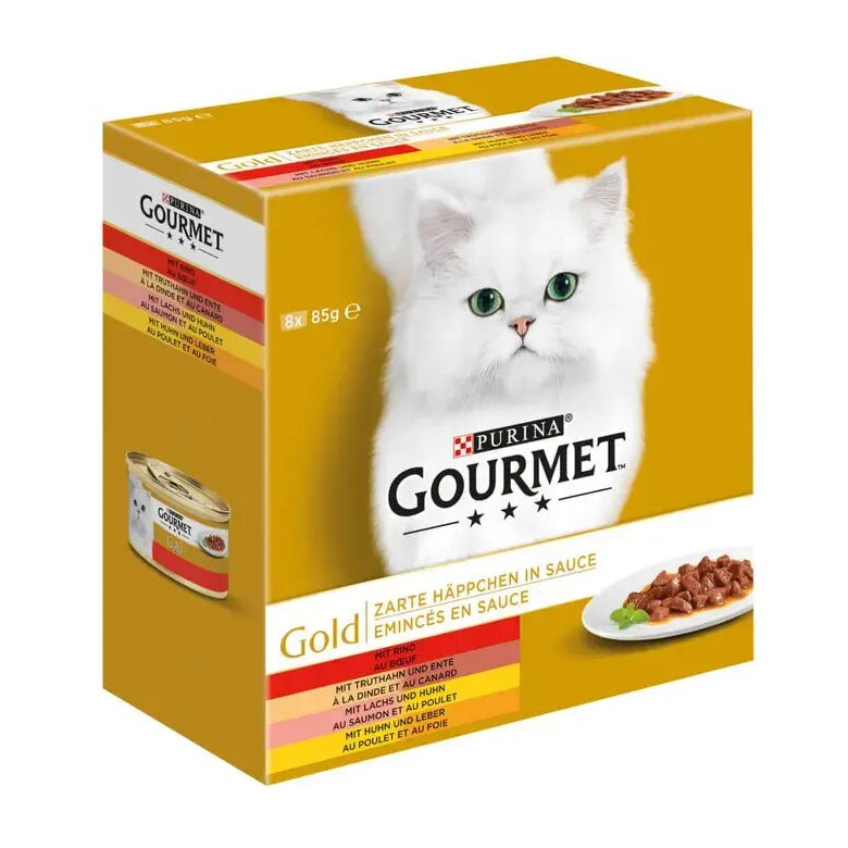 GOURMET Gold Zarte Häppchen (Rind, Huhn & Leber, Lachs & Huhn, Truthahn & Ente) 8x85g