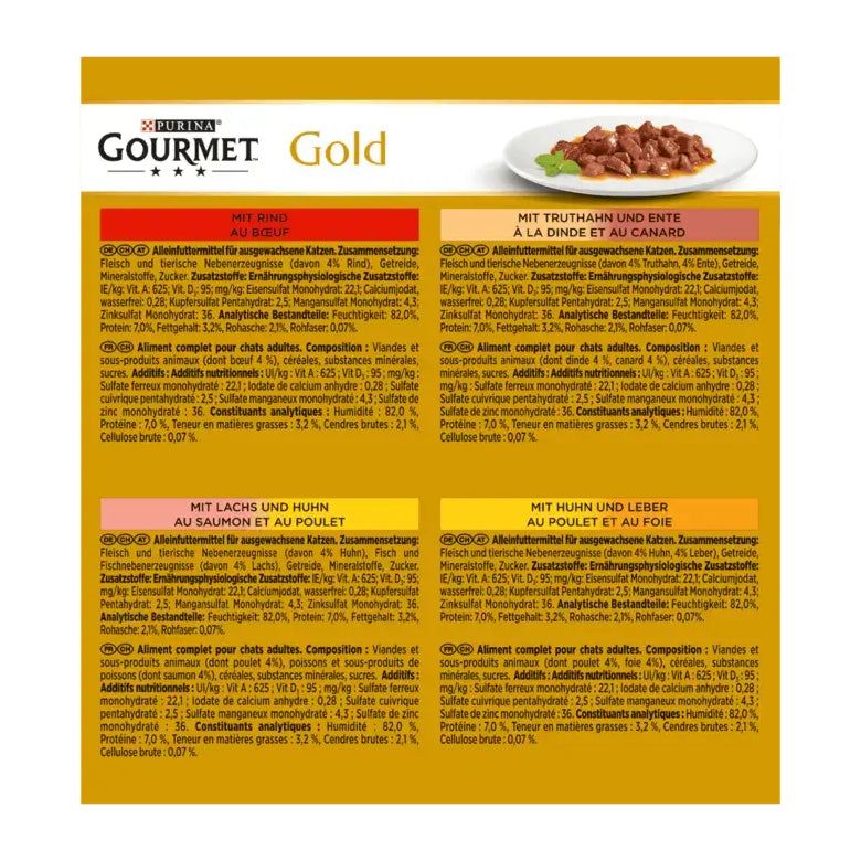 GOURMET Gold Zarte Häppchen (Rind, Huhn & Leber, Lachs & Huhn, Truthahn & Ente) 8x85g