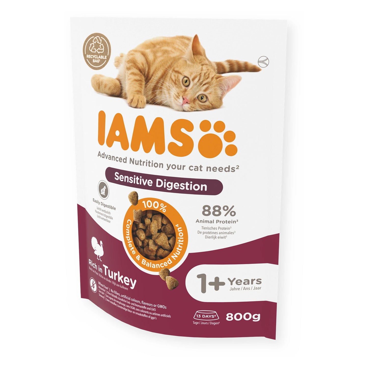 IAMS Trockenfutter Sensitive Digestion für ausgewachsene Katzen mit Pute 800g