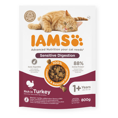 IAMS Trockenfutter Sensitive Digestion für ausgewachsene Katzen mit Pute 800g
