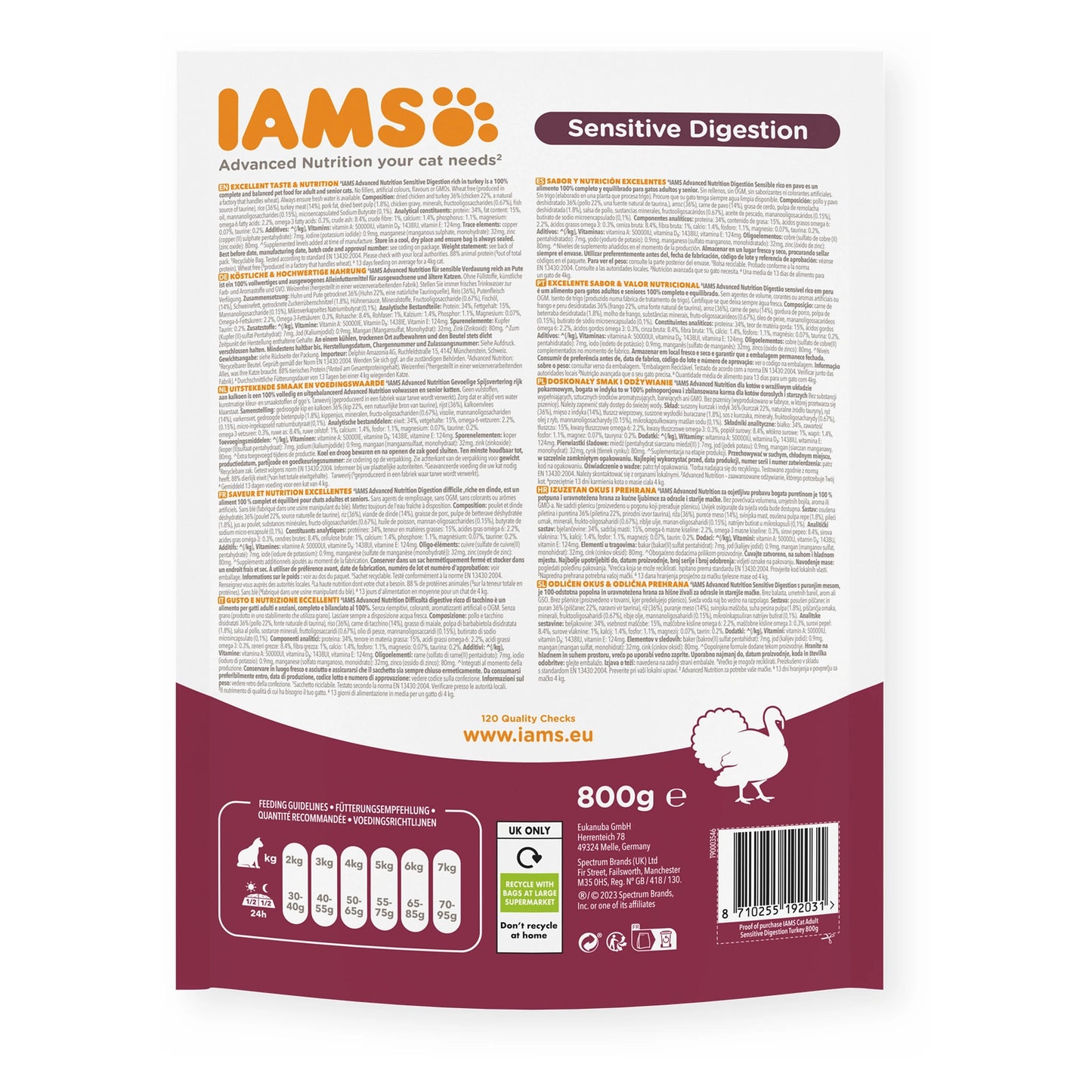 IAMS Trockenfutter Sensitive Digestion für ausgewachsene Katzen mit Pute 800g